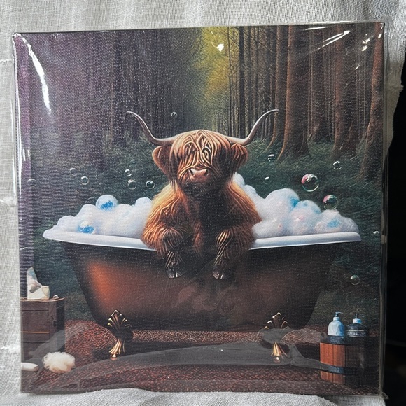 Highland Cow Bubble Bath Canvas Art Wall Hanging Canvas NWT Gifts 8.5"x8.5"x.75" - Picture 1 of 7